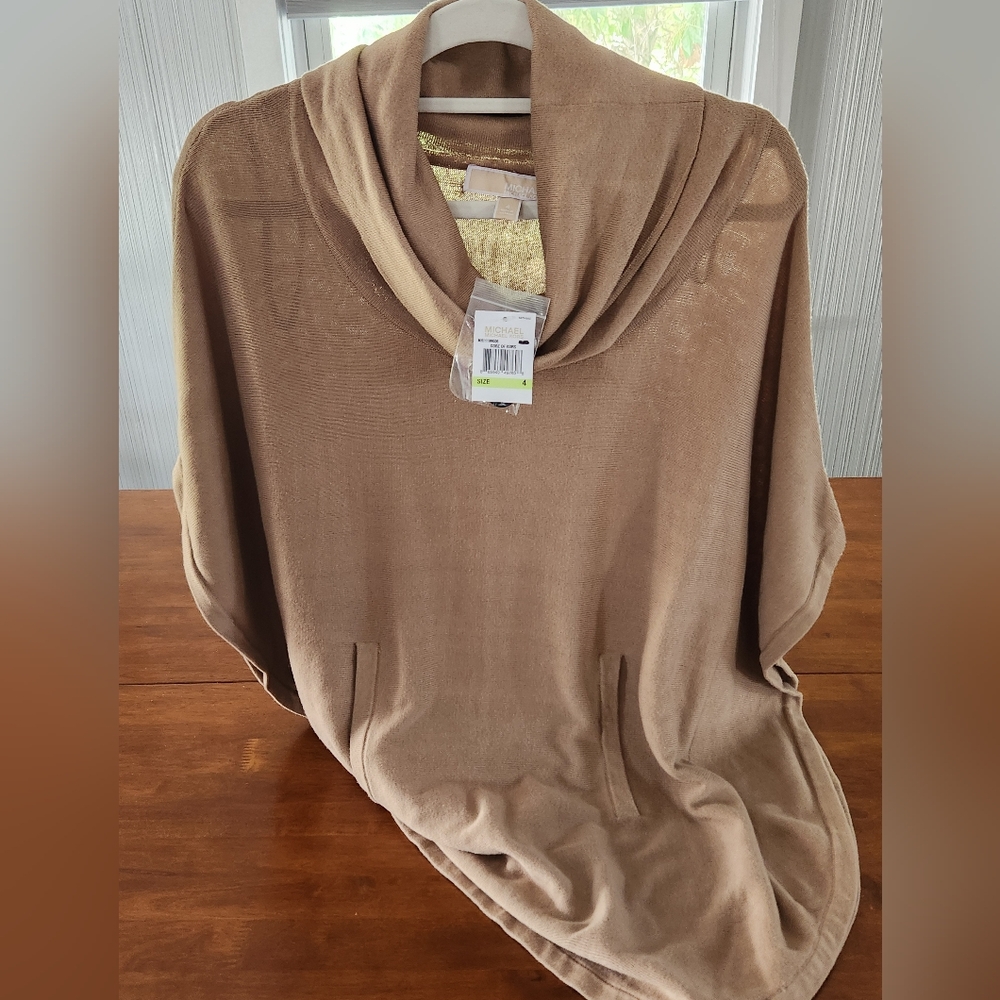 Michael Kors Sweater Cowl - Neck Poncho-Style Tan Camel Color 4 Boho Relaxed Fit